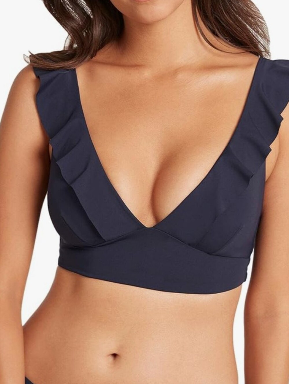 Ruffled V-Neck Bikini Top in Deep Navy